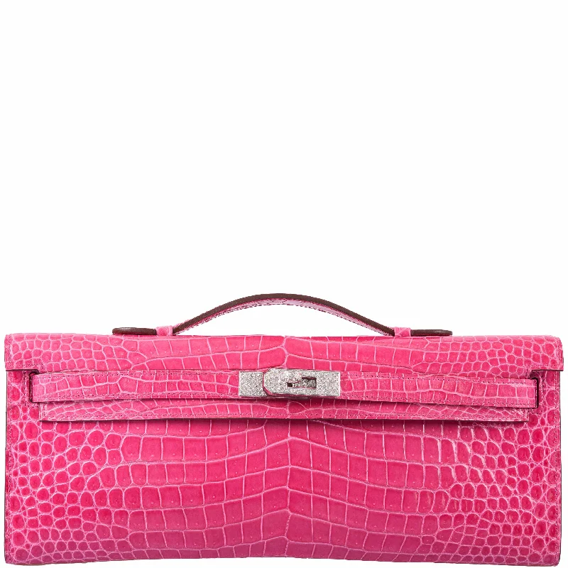 Hermès Kelly Cut Pochette Rose Tyrien Shiny Porosus Crocodile Diamonds & White Gold Hardware