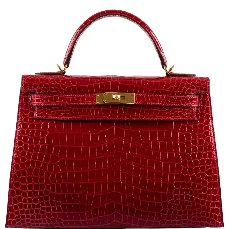 Hermès Kelly 32 Sellier Braise Porosus Crocodile Gold Hardware - 2020, Y