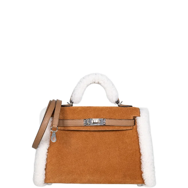 Hermès Teddy Mini Kelly 20 Chamois Grizzly, Alezan Swift and Ecru Mouton Shearling Palladium