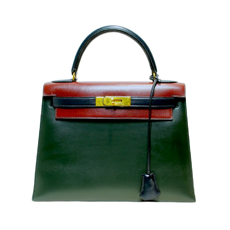 Hermès Vintage 28cm Bordeaux / Vert Fonce / Navy Box Calf Kelly w/ Gold Hardware