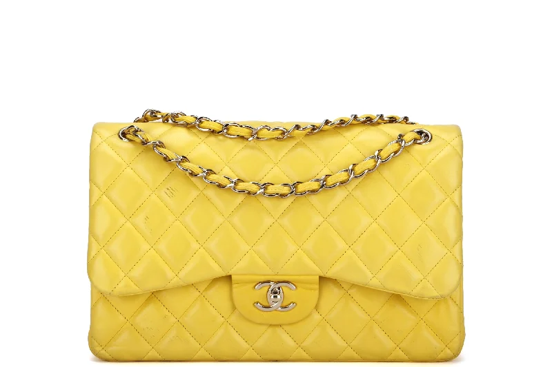 Chanel Classic Flap (1596xxxx) Jumbo Yellow Lambskin, Light Gold Hardware, with Card, no Dust Cover