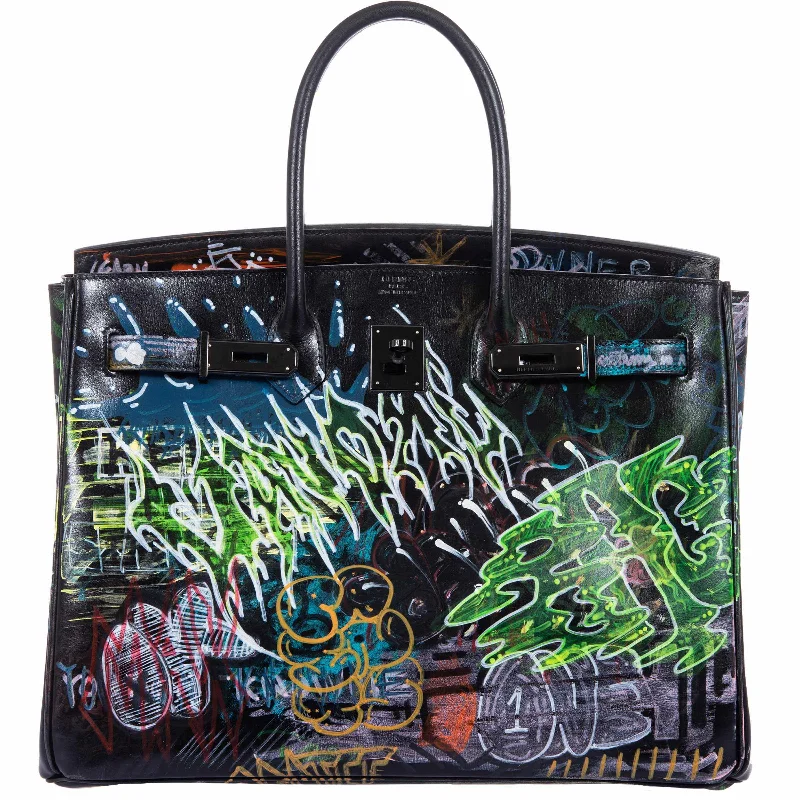 Vintage Hermès Birkin 35 SO BLACK Custom Painted "Graffiti" Edition Black PVD Hardware