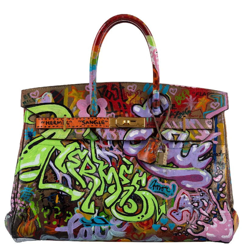 Vintage Hermès ‘Graffiti’ Birkin 35 Custom Painted Box Leather with Gold Hardware - 1998, B Square, Artwork 2021.