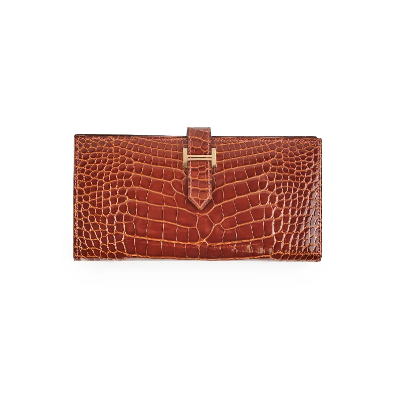 Hermes Bearn Croc Wallet Brown - Stamp K