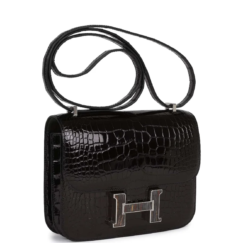 Hermes Constance 18 Black Shiny Alligator Palladium Tiger's Eye Hardware